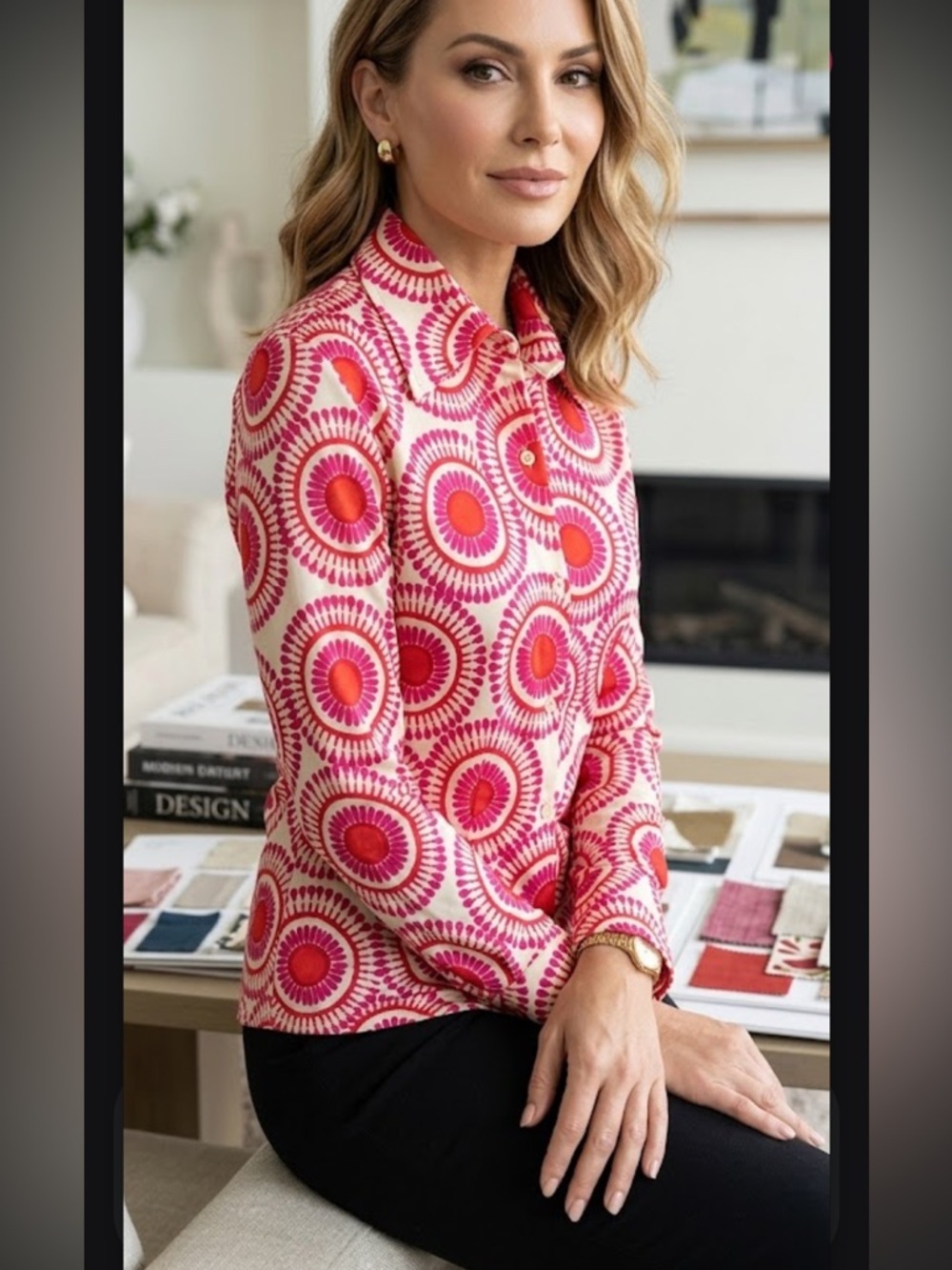 Herion Women's Pink & White Button-Down Shirt - Retro Sunburst Print